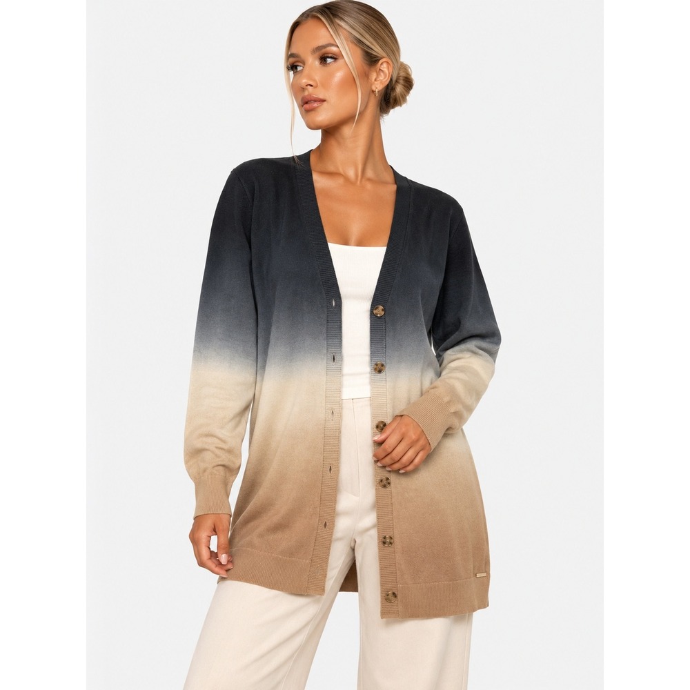 Susan Graver Weekend V-Neck Button Front Cotton Cardigan Black Tan XL P NWT